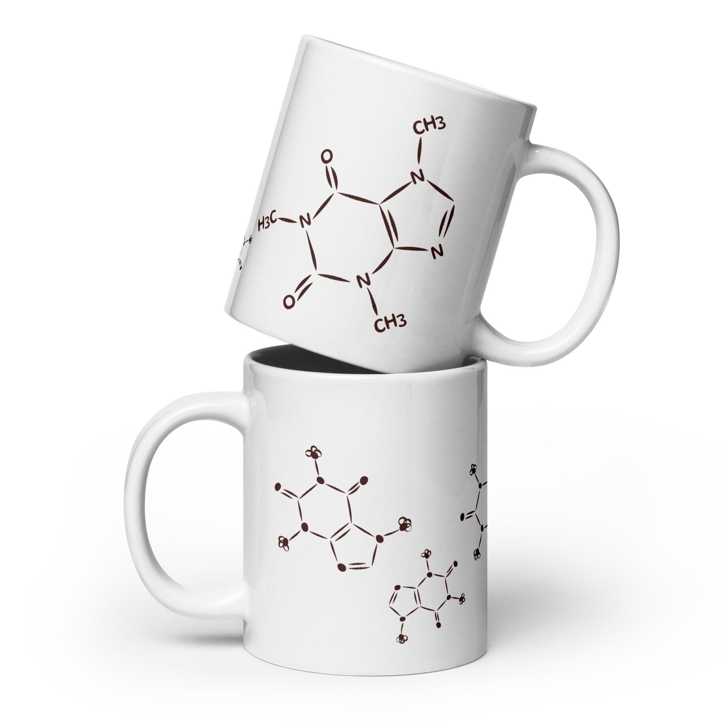 Coffee lover mug with caffeine molecule design — glossy ceramic, 3 sizes