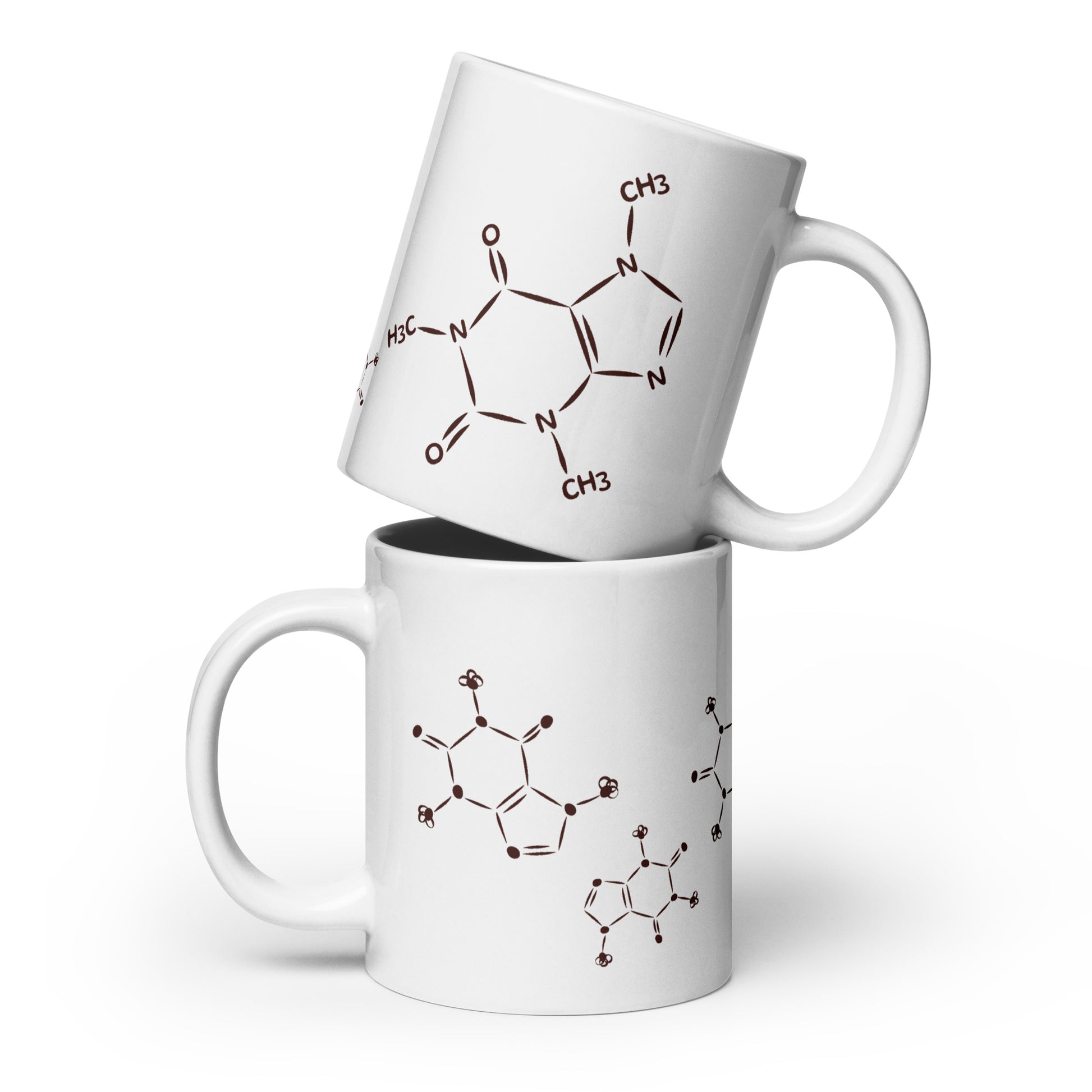 Coffee lover mug with caffeine molecule design — glossy ceramic, 3 sizes