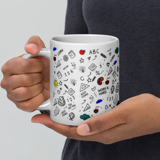 Cute illustrated ceramic mug with school doodle art — dishwasher safe, available in 11, 15 and 20 oz sizes