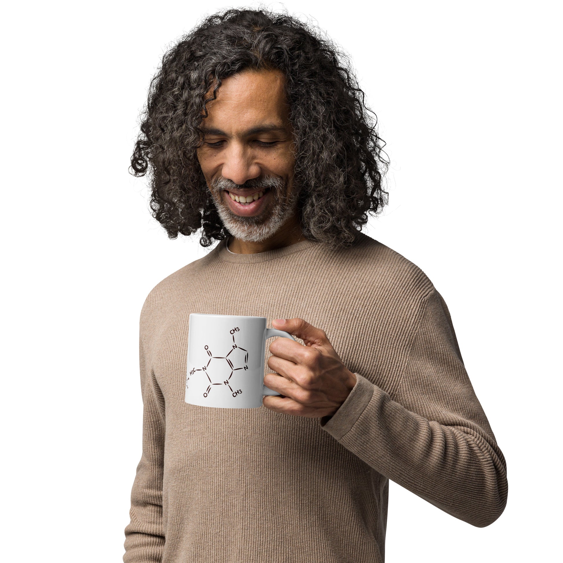 Coffee lover mug with caffeine molecule design — glossy ceramic, 3 sizes