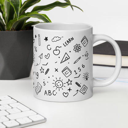 White glossy ceramic mug with cute school doodle illustration — pencils, clouds, hearts and handwritten words