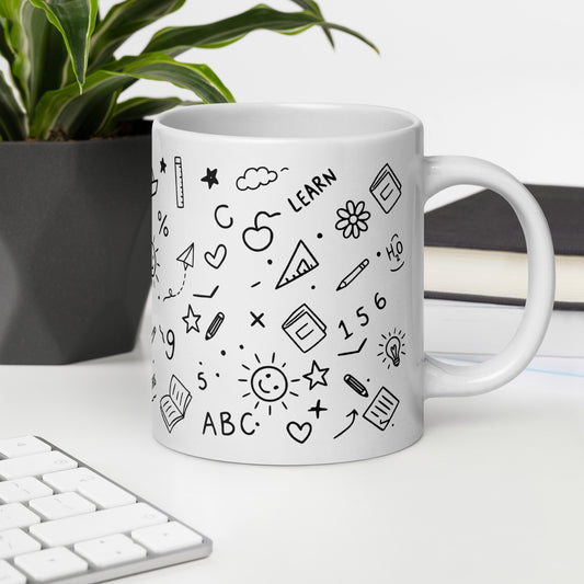 White glossy ceramic mug with cute school doodle illustration — pencils, clouds, hearts and handwritten words