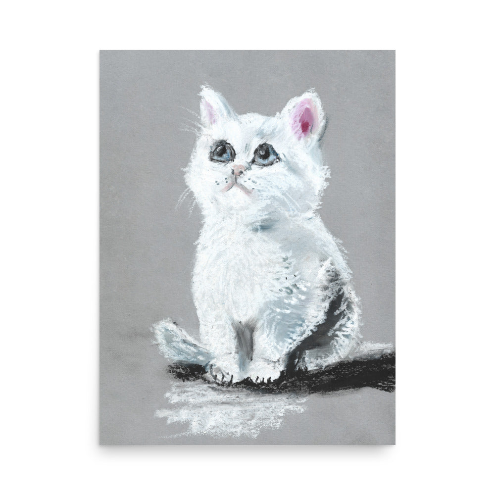Museum-quality matte poster featuring a soft pastel drawing of a white kitten with blue eyes, original artwork by artist Lena Kloper