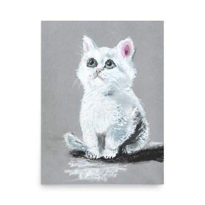 Museum-quality matte poster featuring a soft pastel drawing of a white kitten with blue eyes, original artwork by artist Lena Kloper