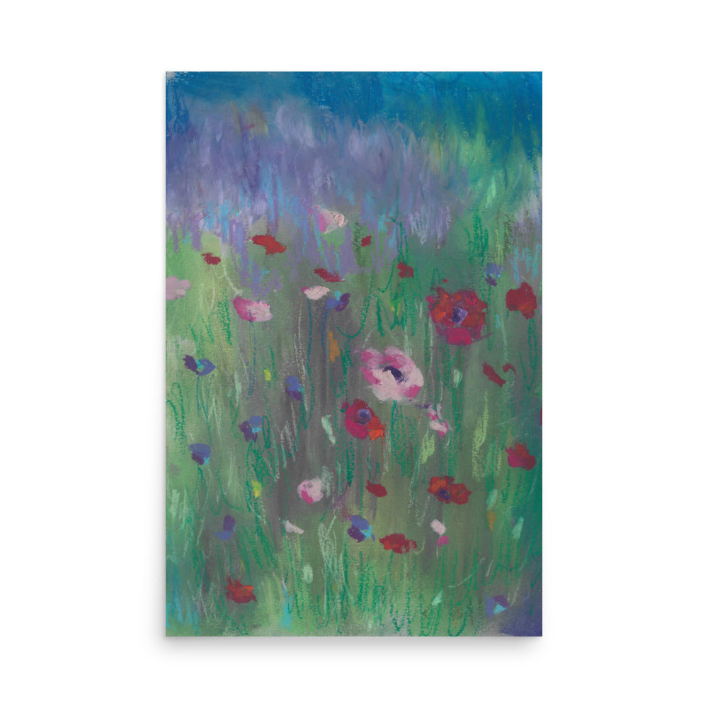 Framed Wildflower Dreams pastel art poster on wall — poppies and wildflowers in red, pink and purple on misty blue-green background