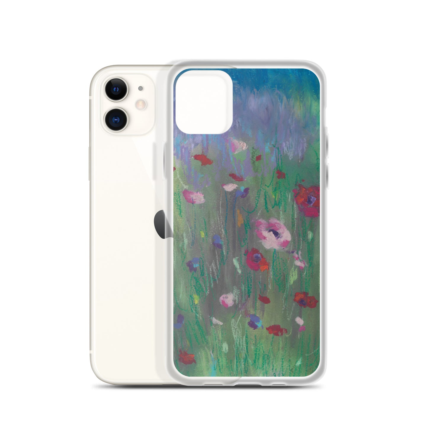 Wildflower Dreams in Pastel clear iPhone case — hand-drawn pastel wildflower art by Lena Kloper visible through transparent polycarbonate back