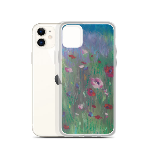 Wildflower Dreams in Pastel clear iPhone case — hand-drawn pastel wildflower art by Lena Kloper visible through transparent polycarbonate back