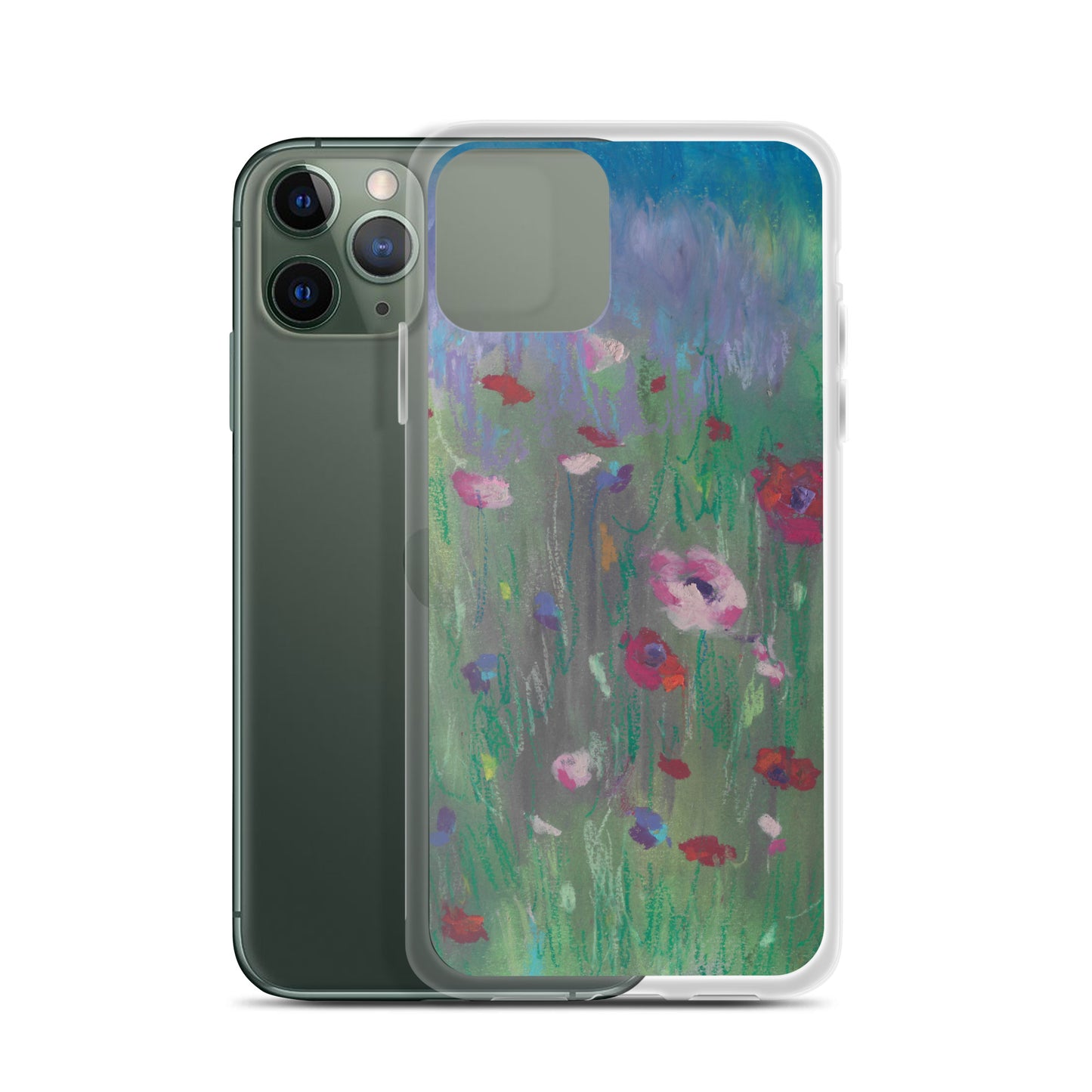 Clear iPhone case with pastel poppies and wildflower artwork, flexible sides and raised bezel detail, wireless charging compatible