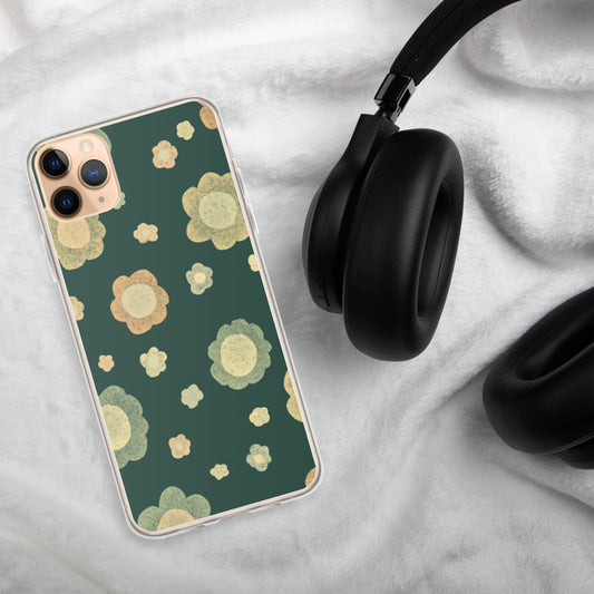 Clear iPhone® case with a retro floral pattern in sage green, terracotta and cream on a deep forest green background — Wish. Bloom. Repeat. by MWL.