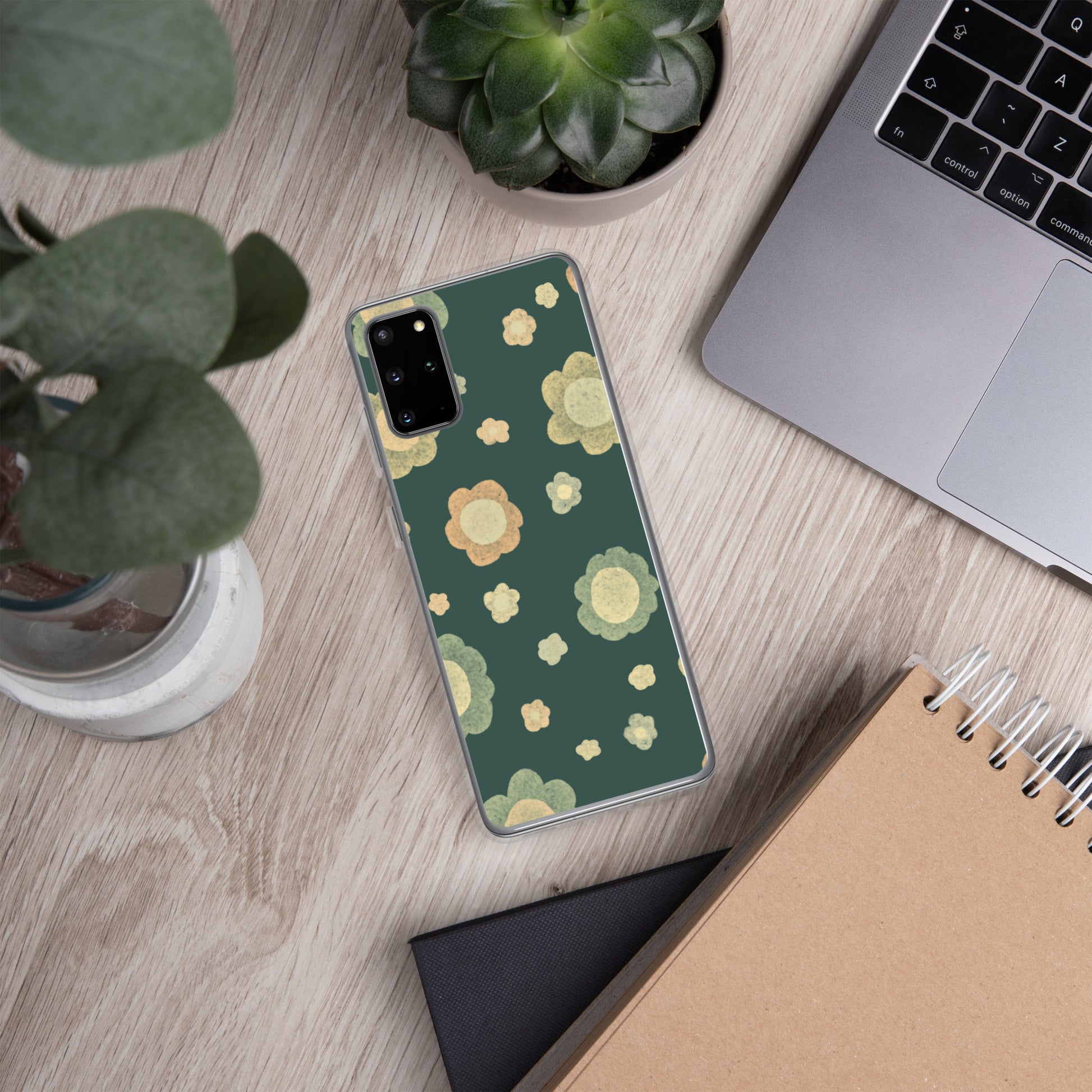 Clear Samsung® case with a retro floral pattern in sage green, terracotta and cream on a deep forest green background — Wish. Bloom. Repeat. by MWL.