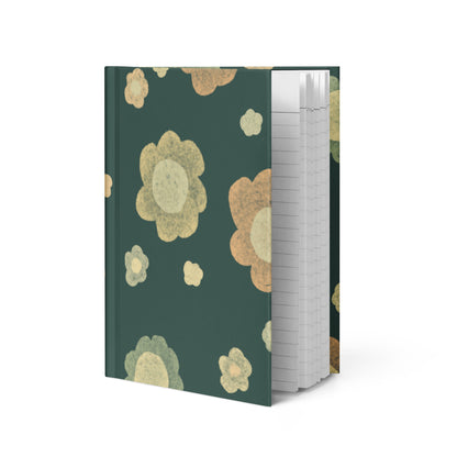 Matte hardcover journal with a retro floral pattern in sage green, terracotta and cream on a deep forest green background — Wish. Bloom. Repeat. by MWL.