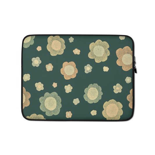Neoprene laptop sleeve with a retro floral pattern in sage green, terracotta and cream on a deep forest green background — Wish. Bloom. Repeat. by MWL.
