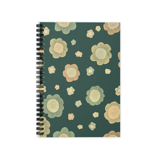 Spiral notebook with a retro floral pattern in sage green, terracotta and cream on a deep forest green background — Wish. Bloom. Repeat. by MWL.