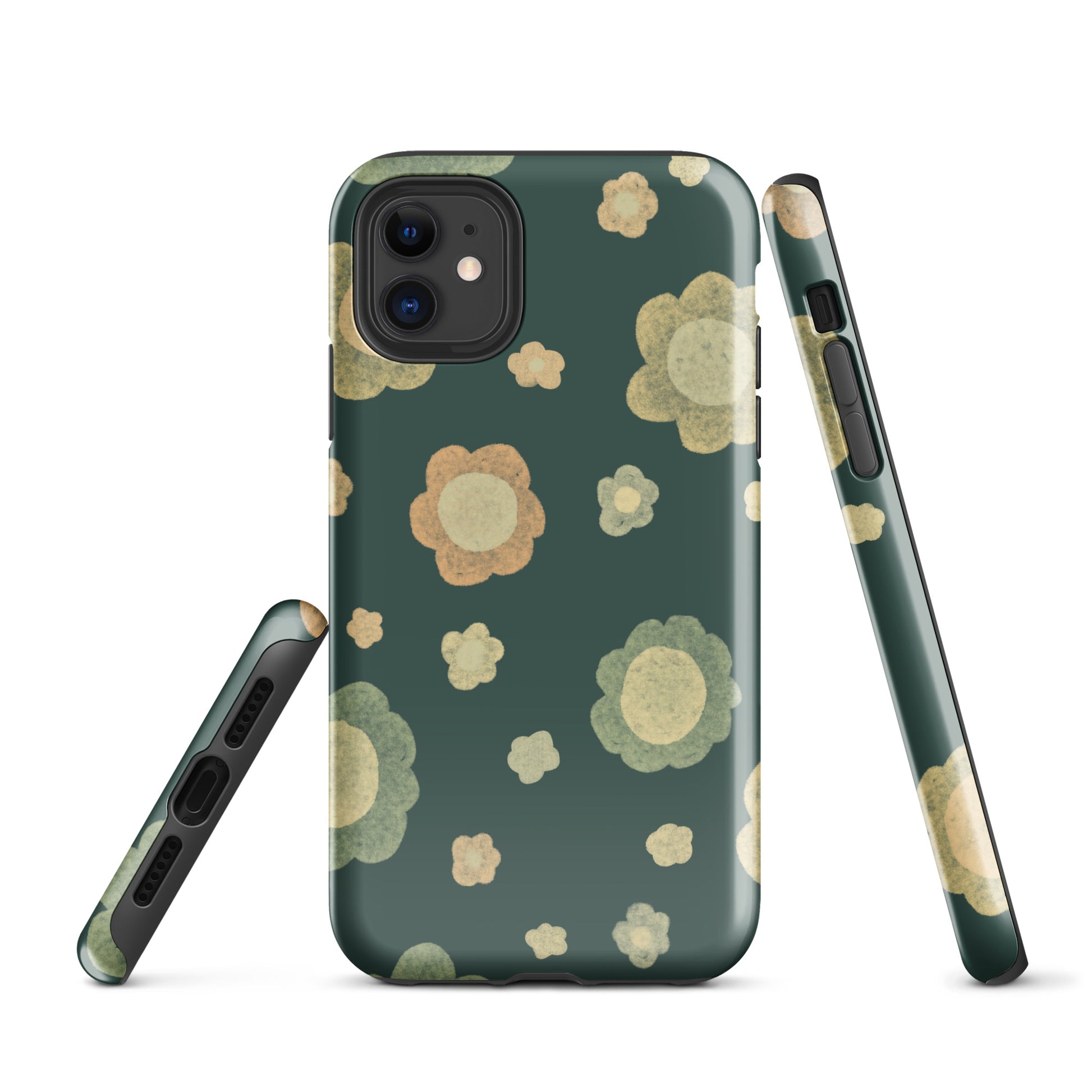 Tough dual-layer iPhone® case with a retro floral pattern in sage green, terracotta and cream on a deep forest green background — Wish. Bloom. Repeat. by MWL.