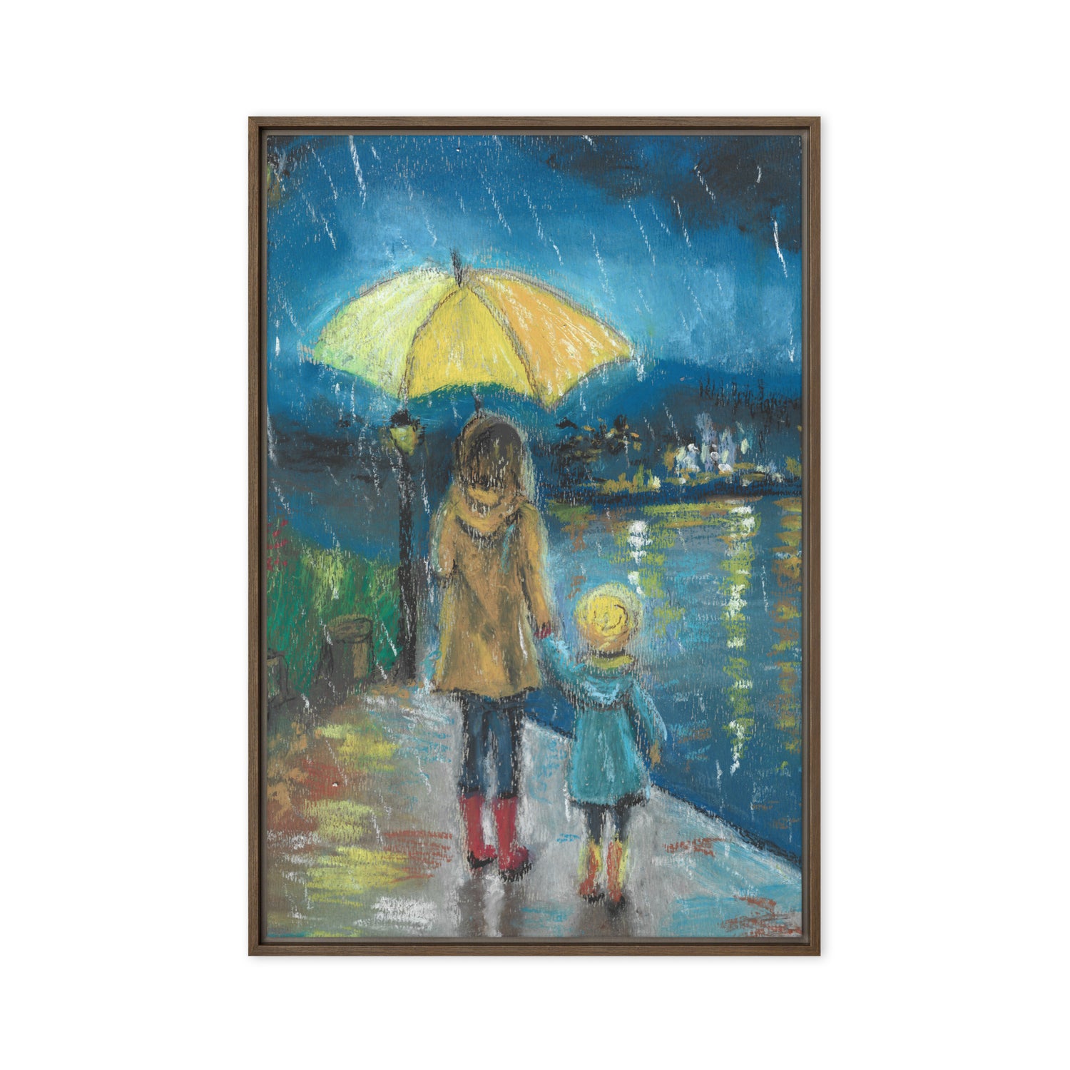 Framed canvas wall art showing a woman and child walking in the rain under a yellow umbrella, painted in deep blues and warm ochres by artist Lena Kloper