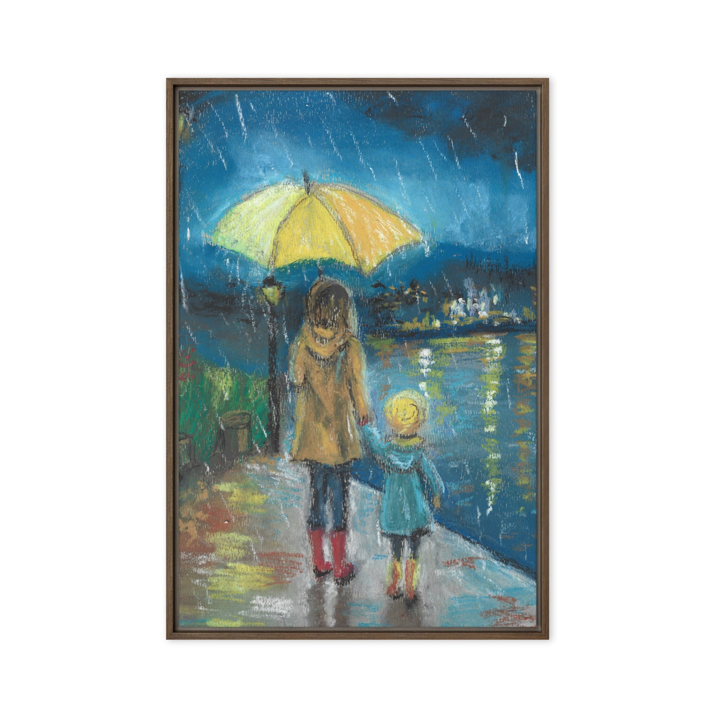 MWL framed canvas art — colorful rainy day painting of mother and child, ready to hang with floating pine frame