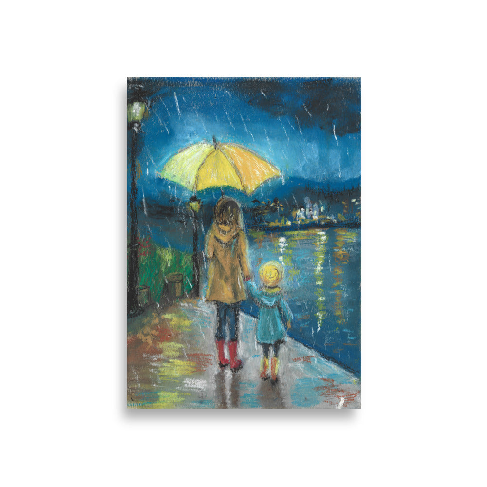 Art poster of hand-drawn rainy evening scene — woman and child under yellow umbrella by the waterfront, painted by Lena Kloper