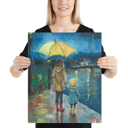 Matte art print featuring colorful pastel rain painting — deep blue sky, yellow umbrella, red boots by MWL and artist Lena Kloper