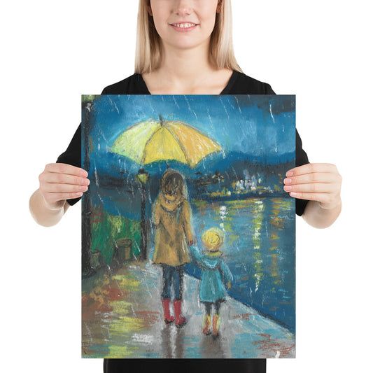 Matte art print featuring colorful pastel rain painting — deep blue sky, yellow umbrella, red boots by MWL and artist Lena Kloper