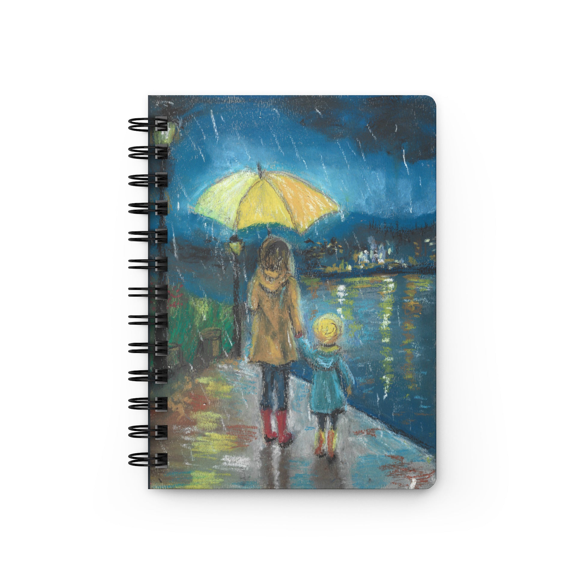 Spiral bound journal with hand-drawn rainy day cover art — woman and child under yellow umbrella by artist Lena Kloper